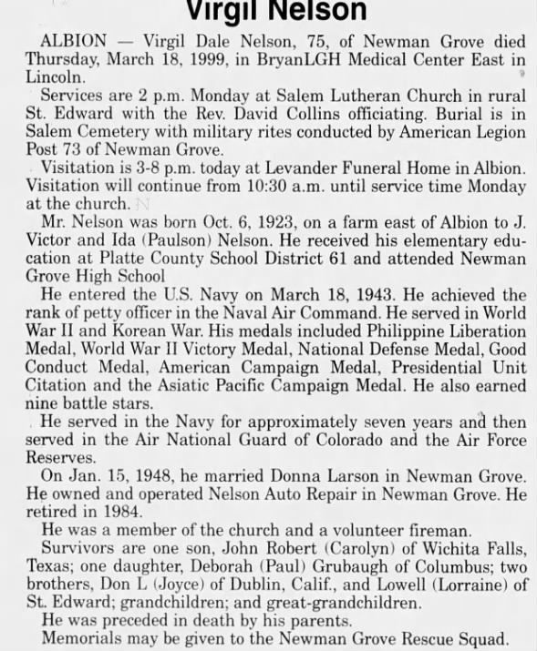 Obituary for Virgil Dale Nelson, 1923-1999 (Aged 75)